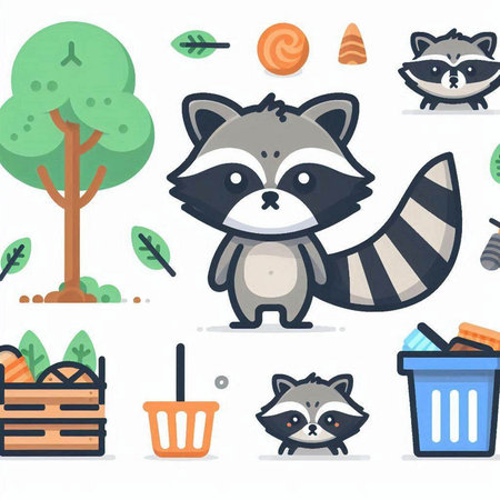 Cute raccoon cartoon character in the forest. Vector illustration.のイラスト素材