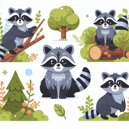 Set of cute raccoons in the forest. Vector illustration.のイラスト素材