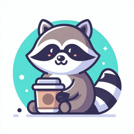 Cute raccoon with a cup of coffee. Vector illustration.のイラスト素材