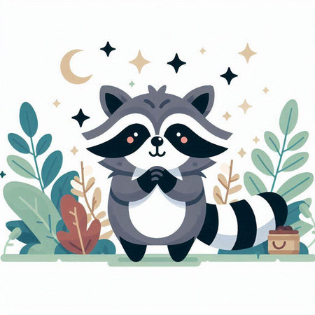 Cute raccoon in the night forest. Vector illustration for your designのイラスト素材