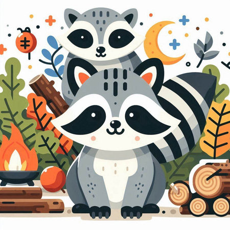 Cute raccoon in the forest. Vector illustration in cartoon style.のイラスト素材