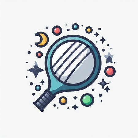 Vector illustration of a magnifying glass and stars on a white background.のイラスト素材