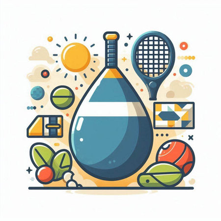 Tennis racket and ball. Sport equipment. Vector illustration in thin line style.のイラスト素材