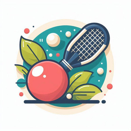 Tennis racket and ball on green background, flat vector illustration.のイラスト素材