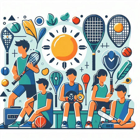 Tennis sport vector illustration. Flat style design with tennis players.のイラスト素材