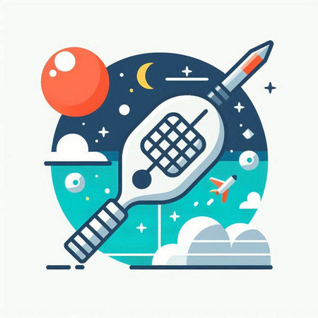 Vector flat illustration of rocket in the sky. Astronomy concept.のイラスト素材