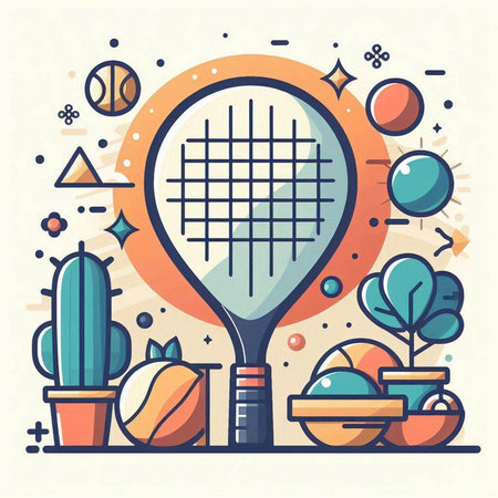 Tennis racket and balls, vector illustration in flat linear style.のイラスト素材