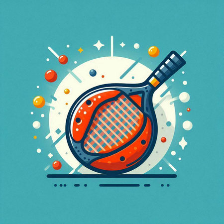 Vector illustration of flat design concept of tennis racket with ball on blue background.のイラスト素材