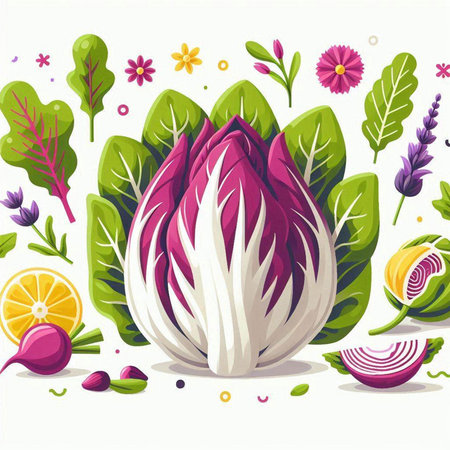 Vegetable illustration with radicchio, lettuce, lemon and basilのイラスト素材