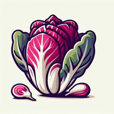 Illustration of a red chinese cabbage with garlic and onion on a white backgroundのイラスト素材