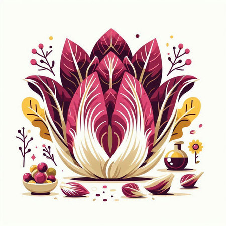 Vector illustration of Chinese cabbage with leaves and flowers in cartoon style.のイラスト素材