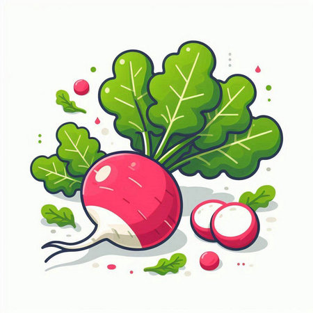 Cartoon radish with green leaves on white background. Vector illustration.のイラスト素材