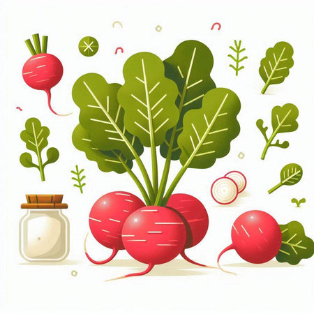 Radish vector illustration. Radish with leaves and spices. Vegetarian food.のイラスト素材
