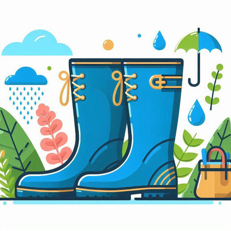 Illustration of rain boots on the background of nature. Vector illustrationのイラスト素材