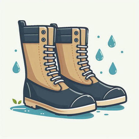 Pair of hiking boots with rain drops. Vector illustration in cartoon style.のイラスト素材