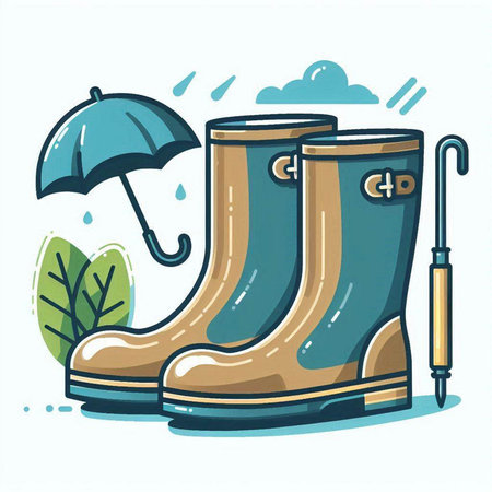 Vector illustration of a pair of rubber boots with an umbrella and a fishing rod.のイラスト素材