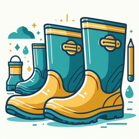 Vector illustration of rubber boots and water drops. Colorful cartoon style.のイラスト素材