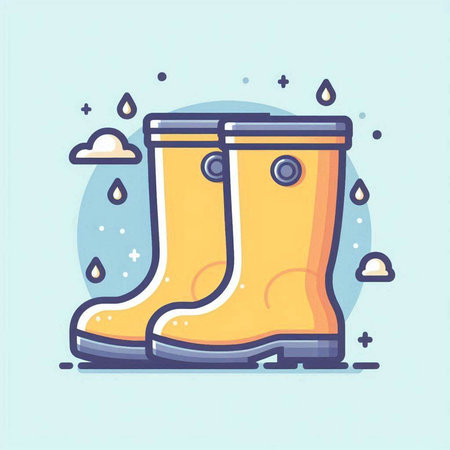 Rubber boots with rain drops. Vector illustration in flat style.のイラスト素材