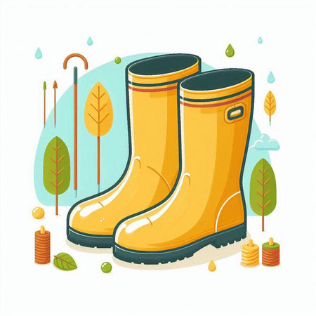 Rubber boots on a background of autumn landscape. Vector illustration.のイラスト素材