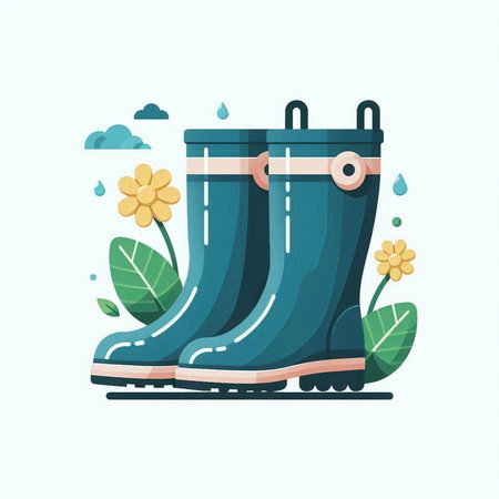 Vector illustration of a rubber boots on a background of plants and flowers.のイラスト素材
