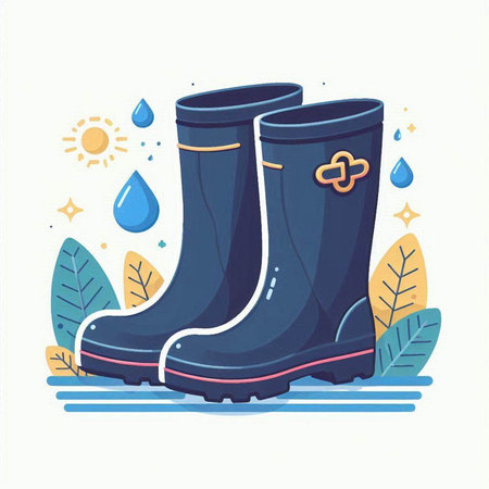 Vector illustration of a pair of rubber boots on a white background with water drops.のイラスト素材