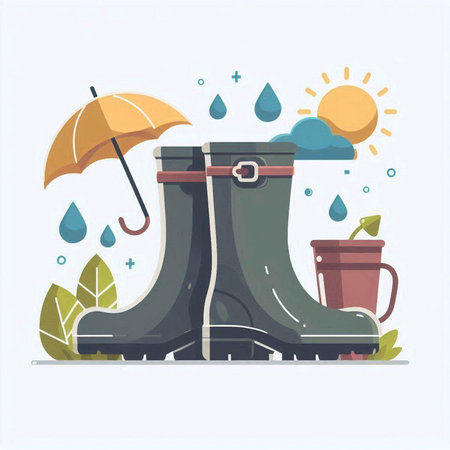 Rubber boots with umbrella and rain drops. Vector illustration in flat styleのイラスト素材