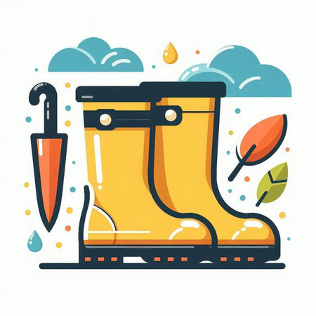 Vector illustration of rubber boots and rain drops. Flat style design.のイラスト素材