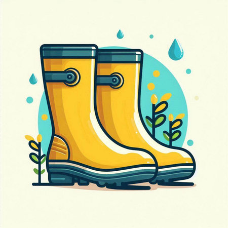 Vector illustration of rubber boots in flat cartoon style. Water drops and plants.のイラスト素材
