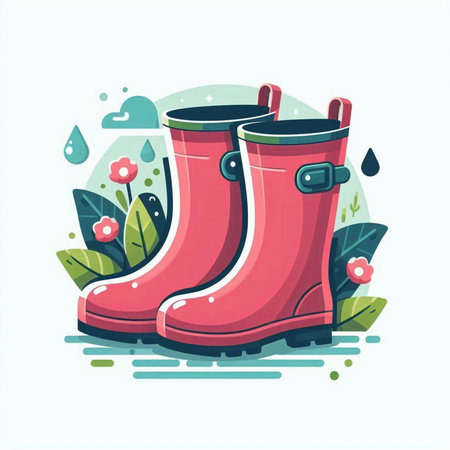 Garden rubber boots with water drops. Vector illustration in flat style.のイラスト素材