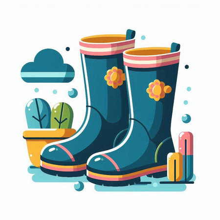Vector illustration of rubber boots on the background of the landscape. Flat design.のイラスト素材