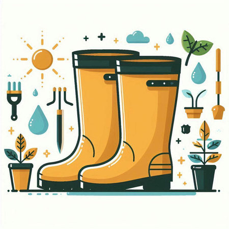Vector illustration of rubber boots, gardening tools, watering can, watering can, plant pot, water drop.のイラスト素材