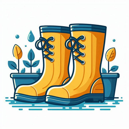 Garden rubber boots and plants. Vector illustration in cartoon style.のイラスト素材