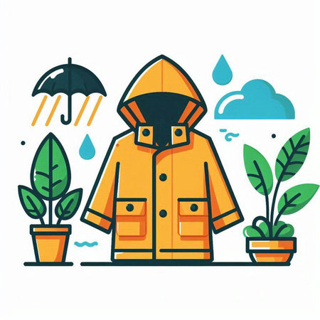 Vector illustration of raincoat with umbrella, plants and rain drops.のイラスト素材