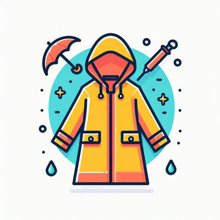 Raincoat with umbrella and rain drops flat line icon. Vector illustration.のイラスト素材