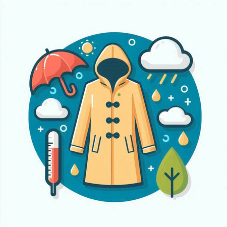 Autumn weather concept with coat, umbrella and thermometer. Vector illustrationのイラスト素材