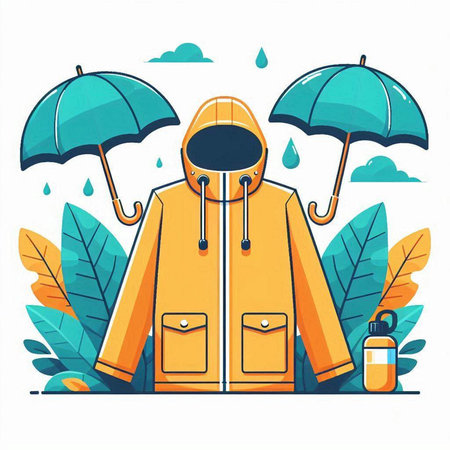 Yellow raincoat with umbrella and water bottle. Vector illustration in flat styleのイラスト素材