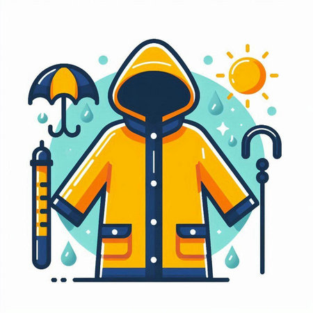 Yellow raincoat with umbrella and thermometer. Flat style vector illustration.のイラスト素材