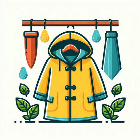 Vector illustration. Raincoat and rain drops on the clothesline.のイラスト素材