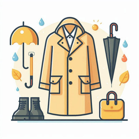 Vector illustration of coat with umbrella, bag, boots and raindrops on white background.のイラスト素材