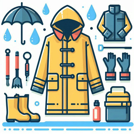 Vector illustration of raincoat, boots, water bottle, umbrella, ice cream in flat style.のイラスト素材