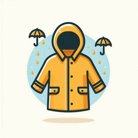 Yellow raincoat with umbrella and rain drops. Vector illustration in flat styleのイラスト素材