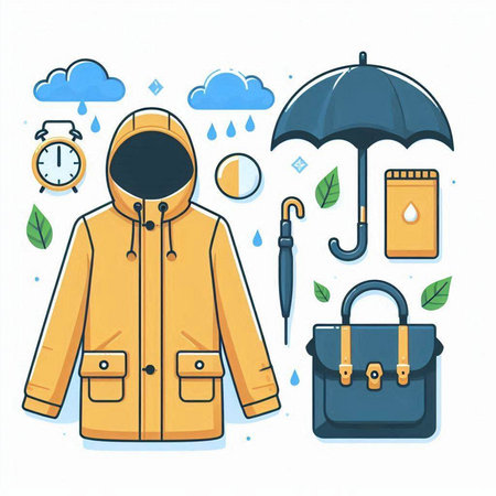 Vector illustration of a raincoat, umbrella, bag, flask, raindrops, umbrella, bag, briefcase.のイラスト素材