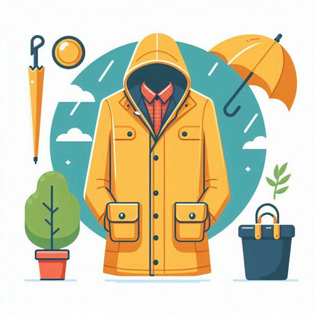 Autumn raincoat with umbrella and bag. Flat style vector illustration.のイラスト素材
