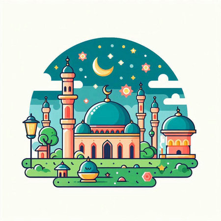 Vector illustration of mosque in flat style. Ramadan Kareem greeting card.のイラスト素材