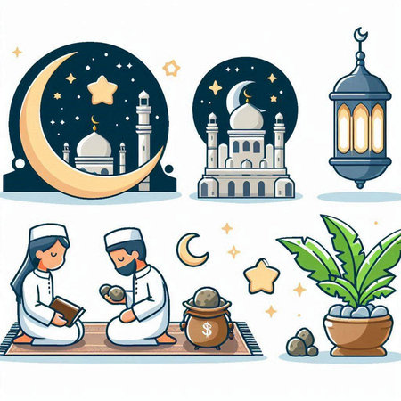 Muslim man praying with mosque, crescent moon and lantern. Vector illustration.のイラスト素材