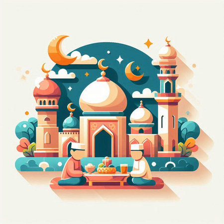 Vector illustration of Ramadan Kareem greeting card with mosque and muslim people.のイラスト素材