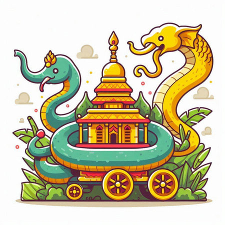 Vector illustration of Naga in the form of a carriage on the background of the temple.のイラスト素材