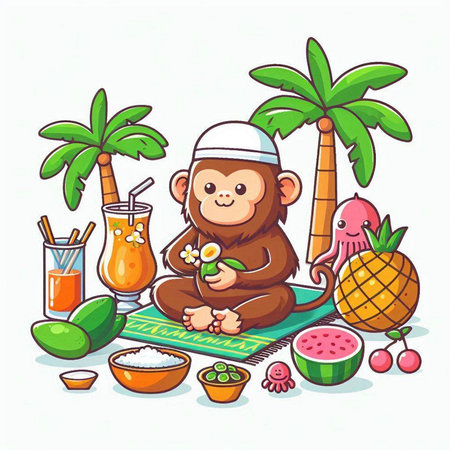 Cute monkey with tropical fruits and smoothie. Vector illustration.のイラスト素材