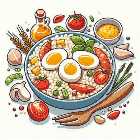 Illustration of a bowl of risotto with eggs and vegetables.のイラスト素材