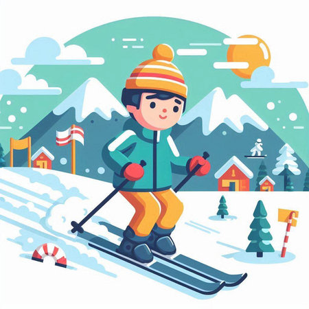 Boy skiing in the mountains. Flat style vector illustration isolated on white background.のイラスト素材